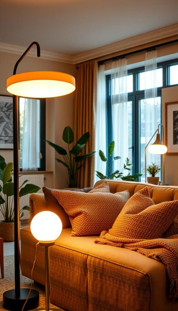 A beautifully designed living room showcasing layered lighting that transforms harsh overheads into a warm, inviting atmosphere. In the foreground, a stylish floor lamp emits a soft, ambient glow, while a chic table lamp, placed on a cozy side table, casts a welcoming light. The middle ground features a plush sofa adorned with textured throw pillows and a warm, woven blanket, enhancing the cozy feel. In the background, large windows allow natural light to filter in, complemented by sheer curtains. The room is styled with indoor plants and tasteful wall art, creating a harmonious blend of comfort and elegance. The lighting should have a golden hue, emphasizing the warmth and tranquility of the space. Capture this scene with a 50mm lens from a slightly elevated angle to highlight the layered lighting effects. Ideal for a Pinterest-style lifestyle photo by CozyTrendHub. A beautifully designed living room showcasing layered lighting that transforms harsh overheads into a warm, inviting atmosphere. In the foreground, a stylish floor lamp emits a soft, ambient glow, while a chic table lamp, placed on a cozy side table, casts a welcoming light. The middle ground features a plush sofa adorned with textured throw pillows and a warm, woven blanket, enhancing the cozy feel. In the background, large windows allow natural light to filter in, complemented by sheer curtains. The room is styled with indoor plants and tasteful wall art, creating a harmonious blend of comfort and elegance. The lighting should have a golden hue, emphasizing the warmth and tranquility of the space. Capture this scene with a 50mm lens from a slightly elevated angle to highlight the layered lighting effects. Ideal for a Pinterest-style lifestyle photo by CozyTrendHub.