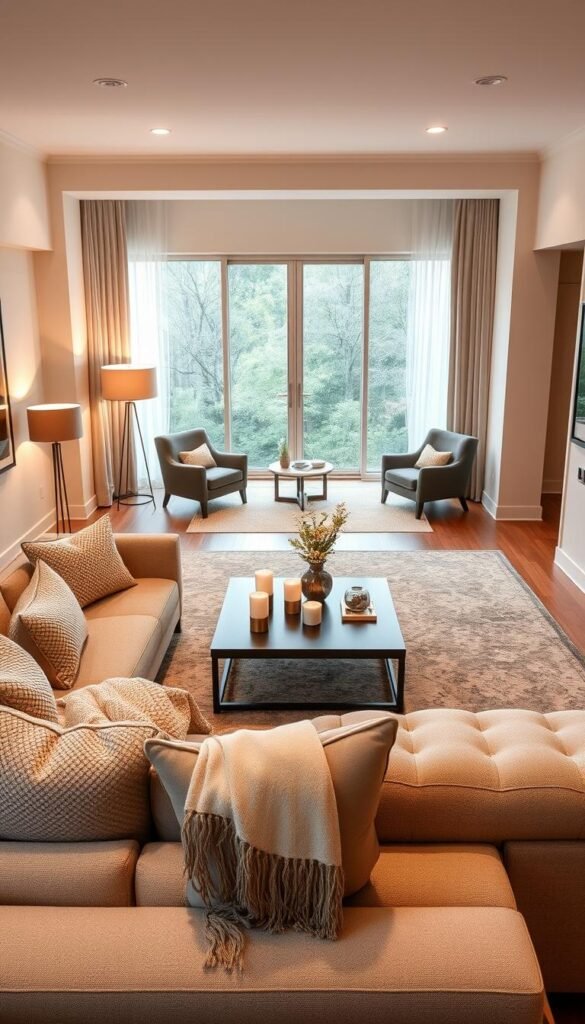 A beautifully designed long narrow living room showcasing optimal decor placements for seating areas. In the foreground, a stylish sectional sofa adorned with textured cushions and a soft throw blanket, inviting relaxation. In the middle, a sleek coffee table with modern decor pieces, including candles and a tasteful centerpiece, enhances the cozy ambiance. Across the room, a pair of accent chairs elegantly positioned, creating a conversational nook. The background features a large window allowing natural light to flood the space, complemented by warm, ambient lighting from floor lamps strategically placed in the corners. A subtle color palette of soft neutrals and earthy tones evokes a serene atmosphere. The overall feel is inviting and stylish, perfect for modern living. The scene reflects a Pinterest-inspired aesthetic, ideal for the theme of CozyTrendHub.