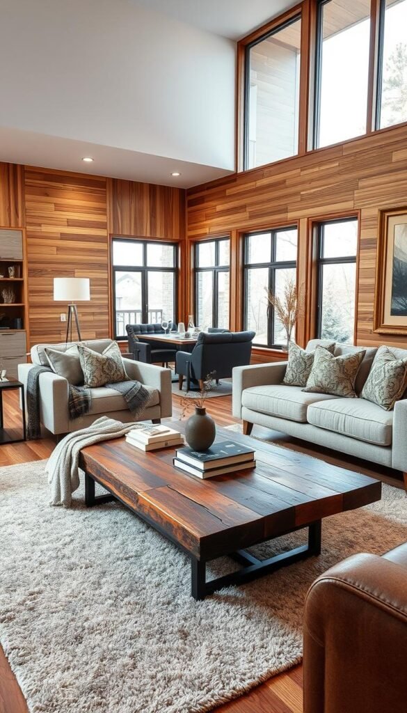 A beautifully designed modern living room featuring a harmonious blend of warm wood tones, sleek metals, and rich textiles. In the foreground, a rustic wooden coffee table set atop a soft, textured area rug, with a cozy throw and artfully arranged books. The middle ground showcases plush sofas adorned with elegant fabric cushions and a decorative blanket, complemented by metallic decor accents such as a stylish lamp and gold-framed artwork. The background reveals large windows allowing natural light to stream in, illuminating the entire space with a warm glow. The atmosphere is inviting and tranquil, evoking a sense of comfort and style, perfect for a contemporary home. Capture this spacious layout with a slight upward angle, using soft, diffused lighting to enhance the cozy feel. Brand: CozyTrendHub.