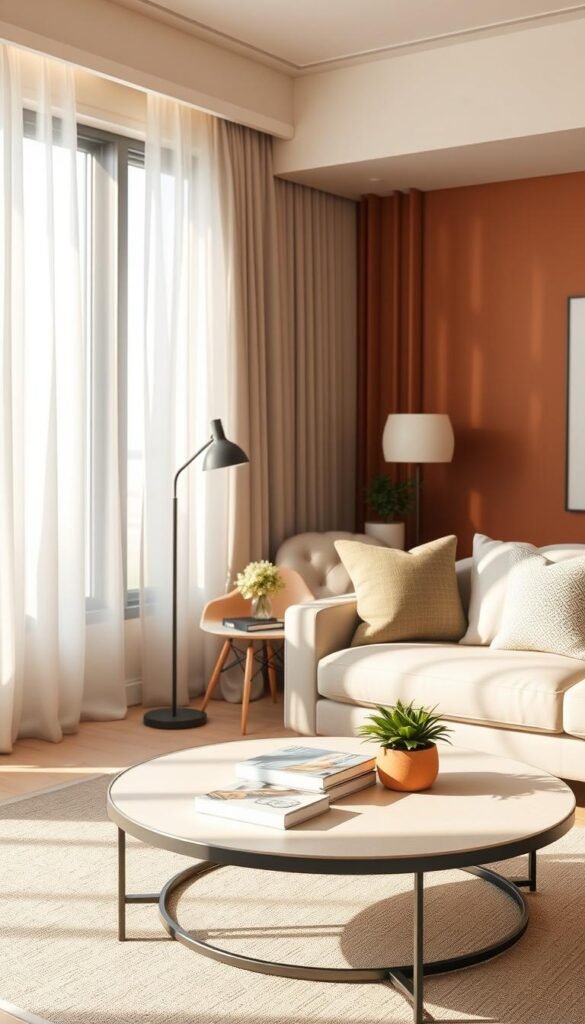 A beautifully designed modern living room showcasing a harmonious color palette, featuring soft earth tones of beige, sage green, and warm terracotta. In the foreground, a stylish coffee table adorned with books and a small potted plant creates an inviting focal point. The middle ground includes a plush sofa with textured cushions and a cozy throw, perfectly arranged to promote relaxation. A chic accent chair nestled beside a floor lamp enhances comfort. In the background, a large window allows natural light to filter in, casting gentle shadows and creating a warm, airy atmosphere. Soft curtains billow slightly with a light breeze, adding to the serene feel. The scene embodies modern aesthetic decor, ideal for solving space challenges. Capture this tranquil ambiance with a soft focus lens. CozyTrendHub.