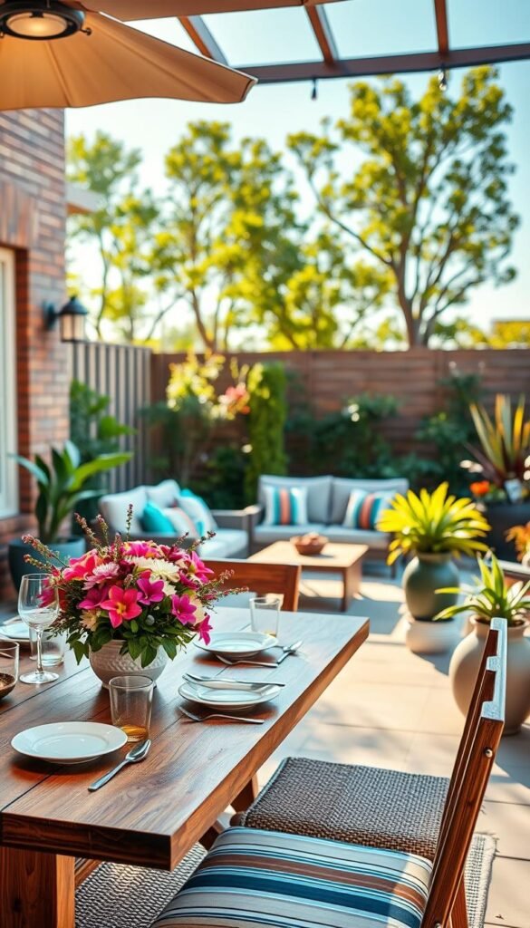 A beautifully designed outdoor patio featuring stylish decor that creates a finished look. In the foreground, an elegant wooden table set with chic tableware and a lush centerpiece of vibrant flowers. The middle layer showcases comfortable seating with colorful cushions and an inviting area rug, surrounded by tasteful potted plants. In the background, a sunlit garden with a soft-focus on green foliage and a bright blue sky adds a serene atmosphere. The lighting is warm and inviting, reminiscent of late afternoon sunshine, enhancing the cozy feel of the scene. The overall mood is relaxed and inviting, perfect for enjoying outdoor gatherings. This stunning image reflects the aesthetic appeal of "CozyTrendHub." A beautifully designed outdoor patio featuring stylish decor that creates a finished look. In the foreground, an elegant wooden table set with chic tableware and a lush centerpiece of vibrant flowers. The middle layer showcases comfortable seating with colorful cushions and an inviting area rug, surrounded by tasteful potted plants. In the background, a sunlit garden with a soft-focus on green foliage and a bright blue sky adds a serene atmosphere. The lighting is warm and inviting, reminiscent of late afternoon sunshine, enhancing the cozy feel of the scene. The overall mood is relaxed and inviting, perfect for enjoying outdoor gatherings. This stunning image reflects the aesthetic appeal of "CozyTrendHub."