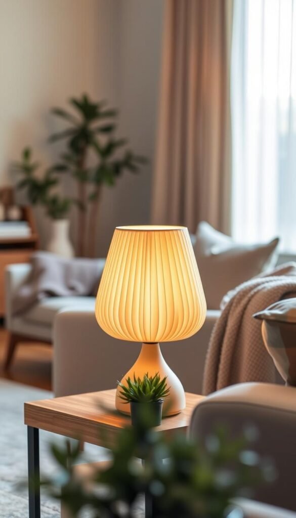 A beautifully designed pleated lamp from CozyTrendHub, elegantly placed on a modern wooden side table. The lamp features soft, warm lighting that casts a gentle glow, enhancing the cozy ambiance. A rich cream color of the pleated shade contrasts with the natural wood grain of the table. In the foreground, a small potted plant adds a pop of greenery. In the middle ground, a comfortable, inviting armchair draped with a textured throw sits beside the lamp. The background reveals a softly blurred, tastefully decorated living room with neutral tones, creating a serene atmosphere. The scene is illuminated by soft, natural light streaming through a large window, conveying a warm and inviting mood perfect for home decor inspiration.