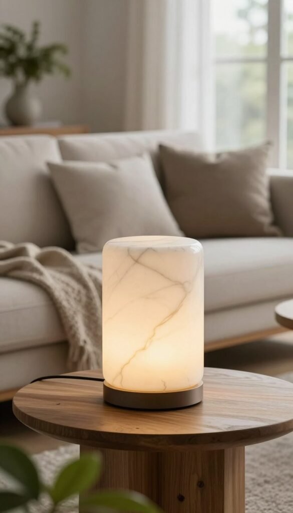A beautifully designed rechargeable marble lamp sits elegantly on a modern wooden side table in an airy, sunlit living room. The lamp features smooth, polished marble with soft veining, glowing warmly from within, casting a gentle, inviting light. In the foreground, delicate green leaves of a potted plant frame the lamp, while the middle ground reveals a cozy, neutral-toned sofa adorned with seasonal throw pillows. In the background, large windows allow natural sunlight to filter in, enhancing the peaceful atmosphere. The scene is styled in a minimalist aesthetic, reflecting sophisticated taste and seasonal refreshment. Capture the tranquil mood at a slightly elevated angle with soft focus effects to emphasize the lamp's sleek design. Perfect for showcasing a stylish home decor piece. CozyTrendHub. A beautifully designed rechargeable marble lamp sits elegantly on a modern wooden side table in an airy, sunlit living room. The lamp features smooth, polished marble with soft veining, glowing warmly from within, casting a gentle, inviting light. In the foreground, delicate green leaves of a potted plant frame the lamp, while the middle ground reveals a cozy, neutral-toned sofa adorned with seasonal throw pillows. In the background, large windows allow natural sunlight to filter in, enhancing the peaceful atmosphere. The scene is styled in a minimalist aesthetic, reflecting sophisticated taste and seasonal refreshment. Capture the tranquil mood at a slightly elevated angle with soft focus effects to emphasize the lamp's sleek design. Perfect for showcasing a stylish home decor piece. CozyTrendHub.