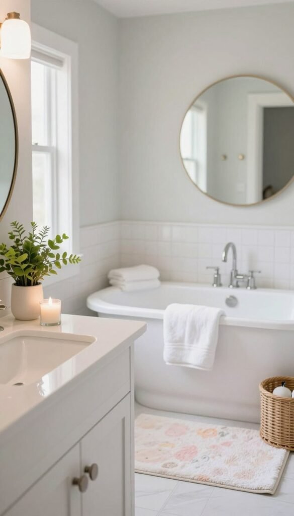 A beautifully designed rental bathroom reflecting a "spring refresh" with spa vibes. In the foreground, a clean white vanity topped with fresh green plants and elegant candles, giving a serene ambiance. In the middle, a luxurious bathtub surrounded by fluffy white towels, pastel-hued bath mats, and decorative storage baskets, all under soft natural lighting. The background features gently textured walls painted in soothing light colors, complemented by a large round mirror that adds depth. The overall atmosphere is tranquil and inviting, perfect for a spring update. The image embodies a Pinterest-style aesthetic, capturing the essence of affordable yet classy home decor from CozyTrendHub. Use a soft focus lens to enhance the serene mood. A beautifully designed rental bathroom reflecting a "spring refresh" with spa vibes. In the foreground, a clean white vanity topped with fresh green plants and elegant candles, giving a serene ambiance. In the middle, a luxurious bathtub surrounded by fluffy white towels, pastel-hued bath mats, and decorative storage baskets, all under soft natural lighting. The background features gently textured walls painted in soothing light colors, complemented by a large round mirror that adds depth. The overall atmosphere is tranquil and inviting, perfect for a spring update. The image embodies a Pinterest-style aesthetic, capturing the essence of affordable yet classy home decor from CozyTrendHub. Use a soft focus lens to enhance the serene mood.