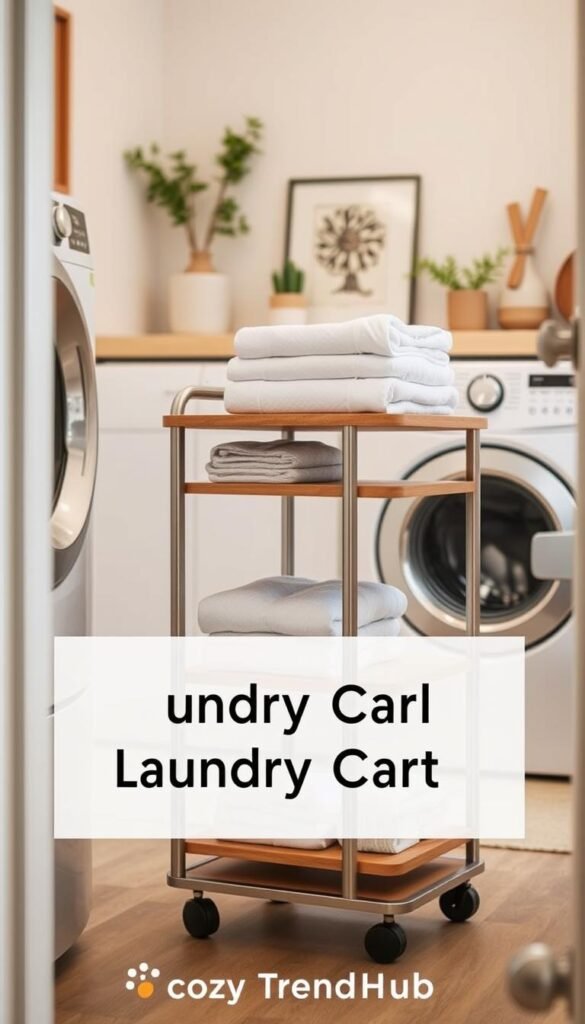 A beautifully designed rolling laundry cart, perfectly fit for narrow spaces, sits between a washer and dryer in a softly lit, modern laundry room. The cart features sleek wooden shelves, a minimalist metal frame, and is stocked with neatly folded towels and laundry essentials. The foreground showcases the detail of the cart, while the middle ground highlights the warm, inviting aesthetics of the laundry area, including light-colored walls and natural decor elements like potted plants. The background softly blurs out the home appliances, emphasizing the cart's functionality. The atmosphere is cozy and organized, embodying stylish functionality. The scene is captured with soft, diffused lighting to enhance warmth and simplicity. Ideal for a Pinterest-style display by CozyTrendHub.