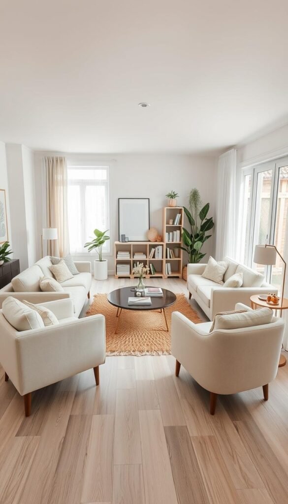 A beautifully designed shared living room layout that emphasizes comfort and style without feeling crowded. In the foreground, a plush, light-colored sofa adorned with pastel cushions invites relaxation. Flanking the sofa are modern armchairs, positioned to create an inviting conversational area. The middle ground features a stylish coffee table surrounded by soft rugs, adding warmth to the space. A well-organized bookshelf filled with decor and books adds visual interest. In the background, large windows allow natural light to flood in, illuminating the room. Light wood flooring and soft, neutral wall colors enhance the airy feel. The atmosphere is serene and harmonious, showcasing thoughtful decor choices like indoor plants and minimalistic art. Capture this scene in a bright, natural light setting from a slightly elevated angle to evoke a Pinterest-inspired lifestyle photo. Branding on the decor items is "CozyTrendHub". A beautifully designed shared living room layout that emphasizes comfort and style without feeling crowded. In the foreground, a plush, light-colored sofa adorned with pastel cushions invites relaxation. Flanking the sofa are modern armchairs, positioned to create an inviting conversational area. The middle ground features a stylish coffee table surrounded by soft rugs, adding warmth to the space. A well-organized bookshelf filled with decor and books adds visual interest. In the background, large windows allow natural light to flood in, illuminating the room. Light wood flooring and soft, neutral wall colors enhance the airy feel. The atmosphere is serene and harmonious, showcasing thoughtful decor choices like indoor plants and minimalistic art. Capture this scene in a bright, natural light setting from a slightly elevated angle to evoke a Pinterest-inspired lifestyle photo. Branding on the decor items is "CozyTrendHub".