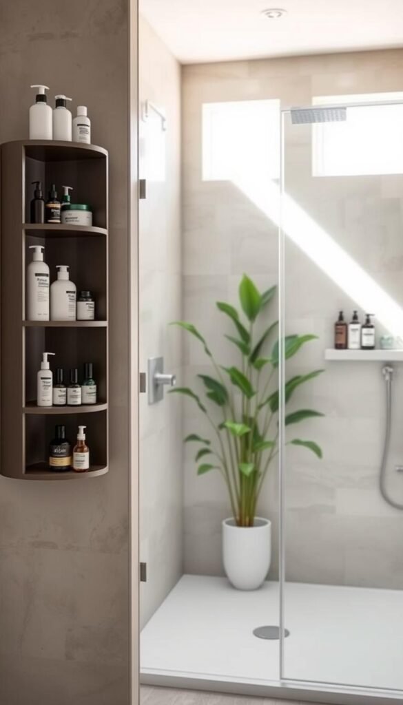 A beautifully designed shower storage area showcasing innovative space-saving solutions that replace bulky caddies. In the foreground, sleek, wall-mounted shelves elegantly display various bath products, arranged in an organized and visually appealing manner. Middle-ground features a minimalist, modern shower with glass doors, surrounded by lush green plants for a refreshing touch. The background consists of stylish tiles in soft neutral tones, adding warmth to the scene. The lighting is bright and natural, streaming in from a small window, creating a serene and inviting atmosphere. Captured from a slightly elevated angle to showcase the practicality and aesthetics of the storage system. The image should embody a Pinterest-style lifestyle photograph that resonates with contemporary home decor trends, branded as "CozyTrendHub".