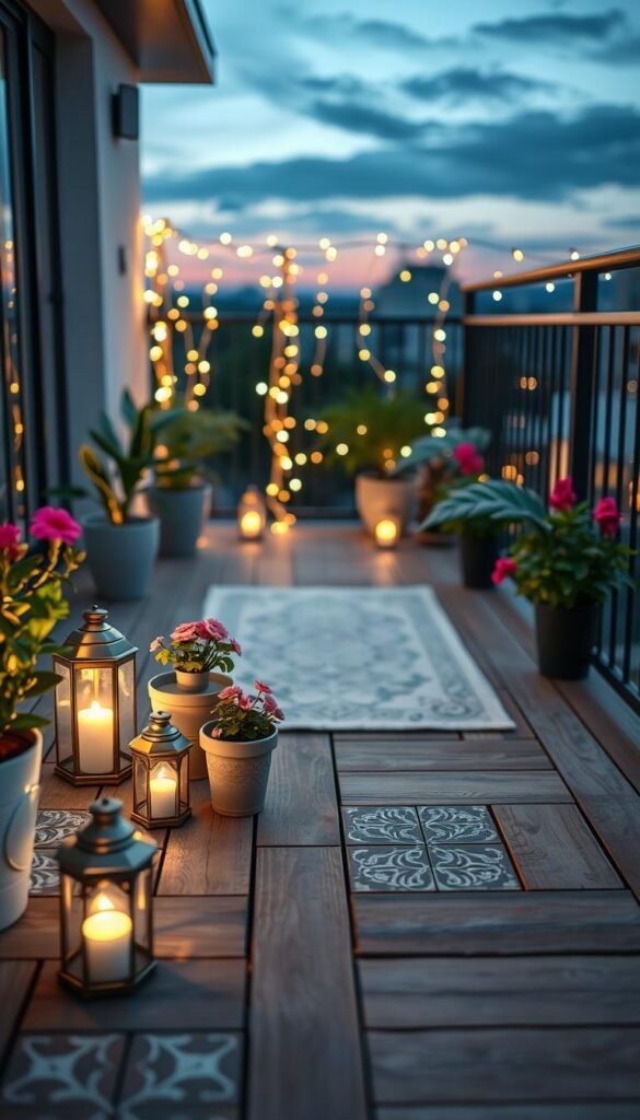 A beautifully designed small balcony floor showcasing a blend of stylish composite decking and intricate patterned outdoor tiles, evoking a cozy atmosphere. In the foreground, delicate potted plants with vibrant flowers add a splash of color, while strategically placed lanterns provide soft, warm lighting that enhances the ambiance. The middle section features a chic outdoor rug, perfectly aligning with modern decor aesthetics. In the background, a railing adorned with twinkling fairy lights reflects a serene evening setting, hinting at dusk with a soft blue-hued sky. The lens captures the scene from a slightly elevated angle, emphasizing the inviting layout. The overall mood is tranquil and inspiring, perfect for capturing the essence of stylish small-space living. This image aligns with the brand CozyTrendHub, combining elegance with practicality for contemporary home decor lovers. A beautifully designed small balcony floor showcasing a blend of stylish composite decking and intricate patterned outdoor tiles, evoking a cozy atmosphere. In the foreground, delicate potted plants with vibrant flowers add a splash of color, while strategically placed lanterns provide soft, warm lighting that enhances the ambiance. The middle section features a chic outdoor rug, perfectly aligning with modern decor aesthetics. In the background, a railing adorned with twinkling fairy lights reflects a serene evening setting, hinting at dusk with a soft blue-hued sky. The lens captures the scene from a slightly elevated angle, emphasizing the inviting layout. The overall mood is tranquil and inspiring, perfect for capturing the essence of stylish small-space living. This image aligns with the brand CozyTrendHub, combining elegance with practicality for contemporary home decor lovers.