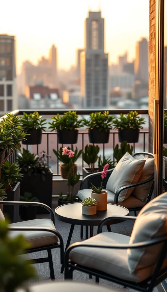 A beautifully designed small balcony set in an urban environment, featuring premium decor items that exude elegance. In the foreground, there are stylish, ergonomic chairs with plush cushions and a small, round table adorned with a succulent plant in an artisanal pot. Fresh flowers in a chic vase add a touch of vibrancy. The middle layer showcases potted greenery along the balcony railing, creating a lush, inviting atmosphere. In the background, the city skyline is softly blurred, with the golden glow of sunset casting warm light across the scene. The mood is tranquil and sophisticated, perfect for relaxation. Shot from a low angle to emphasize the balcony's features, the image embodies the essence of luxury outdoor living. Ideal for a Pinterest-style lifestyle aesthetic. CozyTrendHub. A beautifully designed small balcony set in an urban environment, featuring premium decor items that exude elegance. In the foreground, there are stylish, ergonomic chairs with plush cushions and a small, round table adorned with a succulent plant in an artisanal pot. Fresh flowers in a chic vase add a touch of vibrancy. The middle layer showcases potted greenery along the balcony railing, creating a lush, inviting atmosphere. In the background, the city skyline is softly blurred, with the golden glow of sunset casting warm light across the scene. The mood is tranquil and sophisticated, perfect for relaxation. Shot from a low angle to emphasize the balcony's features, the image embodies the essence of luxury outdoor living. Ideal for a Pinterest-style lifestyle aesthetic. CozyTrendHub.