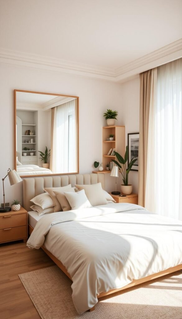 A beautifully designed small bedroom that creates an illusion of spaciousness, showcasing smart decor ideas. In the foreground, a stylish bed with light, neutral bedding and an elegant headboard, accented by minimalistic bedside tables with decorative lamps. The middle ground features a large mirror reflecting natural light from a nearby window, enhancing the room's airy feel. Soft curtains allow diffused sunlight to stream in, casting a warm glow across the space. In the background, light-colored walls with strategic shelving and framed artwork, complemented by indoor plants for a touch of nature. The overall atmosphere is calming and inviting, embodying a Pinterest-perfect aesthetic. Photographed with soft focus, using a 35mm lens to emphasize warmth and depth. Ideal for CozyTrendHub's small bedroom decor inspiration. A beautifully designed small bedroom that creates an illusion of spaciousness, showcasing smart decor ideas. In the foreground, a stylish bed with light, neutral bedding and an elegant headboard, accented by minimalistic bedside tables with decorative lamps. The middle ground features a large mirror reflecting natural light from a nearby window, enhancing the room's airy feel. Soft curtains allow diffused sunlight to stream in, casting a warm glow across the space. In the background, light-colored walls with strategic shelving and framed artwork, complemented by indoor plants for a touch of nature. The overall atmosphere is calming and inviting, embodying a Pinterest-perfect aesthetic. Photographed with soft focus, using a 35mm lens to emphasize warmth and depth. Ideal for CozyTrendHub's small bedroom decor inspiration.