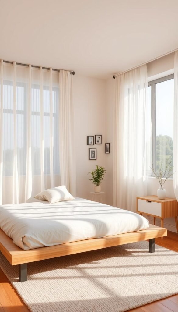 A beautifully designed small bedroom that maximizes space while maintaining an open feel. In the foreground, a minimalist platform bed with a light wood frame, dressed in soft, neutral bedding and a few decorative pillows, creates a cozy yet uncluttered look. The middle ground features a stylish nightstand with a small plant and a chic lamp. In the background, large windows allow natural light to flood the room, highlighting airy sheer curtains that float gracefully. The walls are painted in calming pastel hues, complemented by a carefully arranged gallery wall featuring small framed art. A soft rug lies underfoot, adding warmth and texture. Capture this peaceful atmosphere in a bright, warm lighting, shot with a wide-angle lens that emphasizes the room’s spaciousness. This image, branded with "CozyTrendHub," evokes comfort and intelligent decor solutions for small spaces. A beautifully designed small bedroom that maximizes space while maintaining an open feel. In the foreground, a minimalist platform bed with a light wood frame, dressed in soft, neutral bedding and a few decorative pillows, creates a cozy yet uncluttered look. The middle ground features a stylish nightstand with a small plant and a chic lamp. In the background, large windows allow natural light to flood the room, highlighting airy sheer curtains that float gracefully. The walls are painted in calming pastel hues, complemented by a carefully arranged gallery wall featuring small framed art. A soft rug lies underfoot, adding warmth and texture. Capture this peaceful atmosphere in a bright, warm lighting, shot with a wide-angle lens that emphasizes the room’s spaciousness. This image, branded with "CozyTrendHub," evokes comfort and intelligent decor solutions for small spaces.