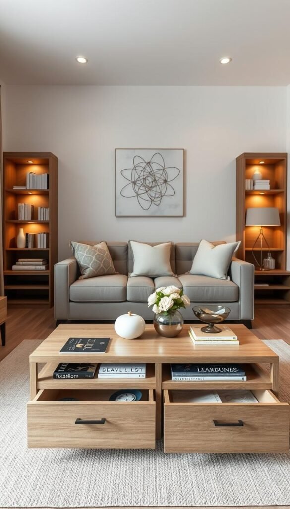A beautifully designed small living room featuring hidden storage solutions, emphasizing functionality and aesthetics. In the foreground, a stylish coffee table with integrated drawers, made of light wood, elegantly showcases decor items while maintaining a clutter-free appearance. The middle ground includes a chic sofa adorned with neutral-toned cushions, seamlessly blending with built-in shelving that incorporates concealed compartments. Soft, warm lighting illuminates the space, creating a cozy atmosphere. The background reveals a minimalist wall with a decorative panel that cleverly hides additional storage. Capture this scene using a wide-angle lens to enhance depth, ensuring the space feels inviting and open. Aim for a Pinterest-style aesthetic that reflects the CozyTrendHub brand, evoking a sense of tranquility in small living areas. A beautifully designed small living room featuring hidden storage solutions, emphasizing functionality and aesthetics. In the foreground, a stylish coffee table with integrated drawers, made of light wood, elegantly showcases decor items while maintaining a clutter-free appearance. The middle ground includes a chic sofa adorned with neutral-toned cushions, seamlessly blending with built-in shelving that incorporates concealed compartments. Soft, warm lighting illuminates the space, creating a cozy atmosphere. The background reveals a minimalist wall with a decorative panel that cleverly hides additional storage. Capture this scene using a wide-angle lens to enhance depth, ensuring the space feels inviting and open. Aim for a Pinterest-style aesthetic that reflects the CozyTrendHub brand, evoking a sense of tranquility in small living areas.