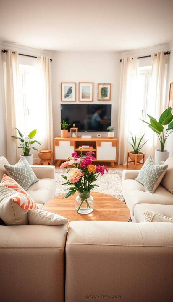 A beautifully designed small living room showcasing light-boosting decor elements. In the foreground, a cozy, plush light-colored sofa adorned with bright, geometric-patterned throw pillows invites relaxation. A stylish, round coffee table made of natural wood features a vibrant centerpiece of fresh flowers. In the middle, a minimalist entertainment unit holds tasteful decor items and potted plants that add life, while soft textures are emphasized through an area rug. Bright, airy window treatments allow natural light to flood the room. The background reveals a subtle gallery wall of framed art, all in light-toned colors, enhancing the open feel. Soft, warm lighting creates an inviting atmosphere, perfectly capturing a Pinterest-style lifestyle look by CozyTrendHub. The image should reflect a serene, uncluttered aesthetic that emphasizes space and brightness, shot from a slightly elevated angle to capture depth. A beautifully designed small living room showcasing light-boosting decor elements. In the foreground, a cozy, plush light-colored sofa adorned with bright, geometric-patterned throw pillows invites relaxation. A stylish, round coffee table made of natural wood features a vibrant centerpiece of fresh flowers. In the middle, a minimalist entertainment unit holds tasteful decor items and potted plants that add life, while soft textures are emphasized through an area rug. Bright, airy window treatments allow natural light to flood the room. The background reveals a subtle gallery wall of framed art, all in light-toned colors, enhancing the open feel. Soft, warm lighting creates an inviting atmosphere, perfectly capturing a Pinterest-style lifestyle look by CozyTrendHub. The image should reflect a serene, uncluttered aesthetic that emphasizes space and brightness, shot from a slightly elevated angle to capture depth.