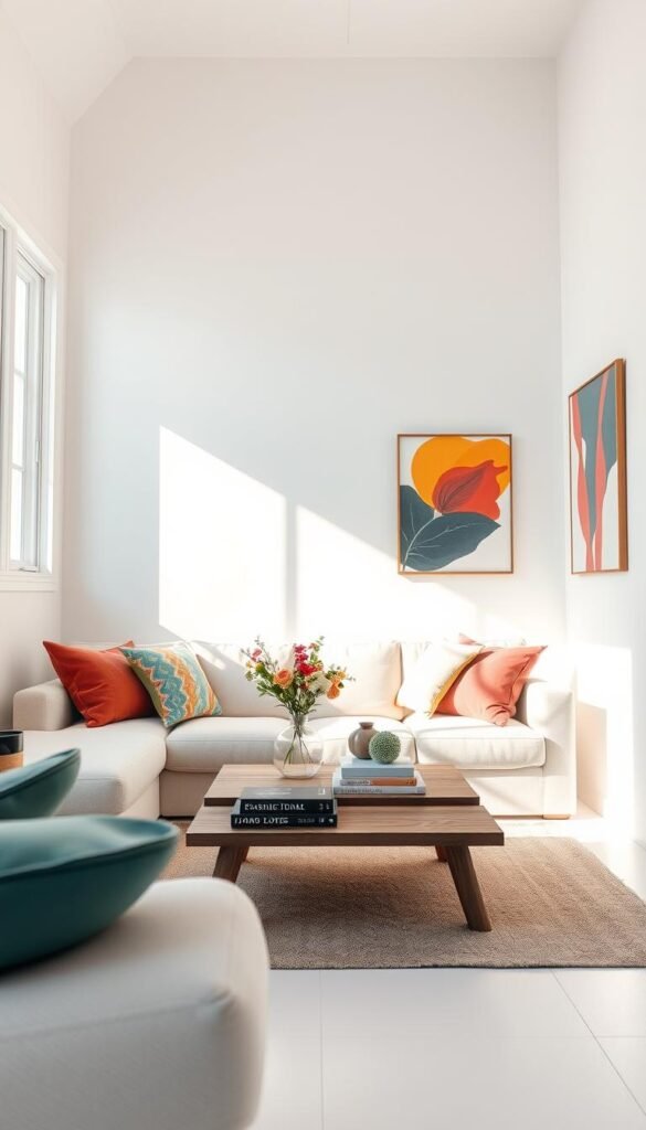 A beautifully designed small living space featuring pristine white paint on the walls, enhancing the sense of openness. In the foreground, a cozy, plush sofa adorned with colorful throw pillows invites relaxation. The middle ground showcases a stylish wooden coffee table with decorative books and a small vase of fresh flowers, perfectly complementing the white backdrop. Light streaming in from a large window bathes the room in soft, natural lighting, creating a warm and inviting atmosphere. The background reveals tasteful wall art with high-impact colors that pop against the white, visually expanding the space. The scene conveys a tranquil yet vibrant mood, styled to perfection in alignment with CozyTrendHub's aesthetic. Shot from a low angle to emphasize the height of the room and its airy feel. A beautifully designed small living space featuring pristine white paint on the walls, enhancing the sense of openness. In the foreground, a cozy, plush sofa adorned with colorful throw pillows invites relaxation. The middle ground showcases a stylish wooden coffee table with decorative books and a small vase of fresh flowers, perfectly complementing the white backdrop. Light streaming in from a large window bathes the room in soft, natural lighting, creating a warm and inviting atmosphere. The background reveals tasteful wall art with high-impact colors that pop against the white, visually expanding the space. The scene conveys a tranquil yet vibrant mood, styled to perfection in alignment with CozyTrendHub's aesthetic. Shot from a low angle to emphasize the height of the room and its airy feel.