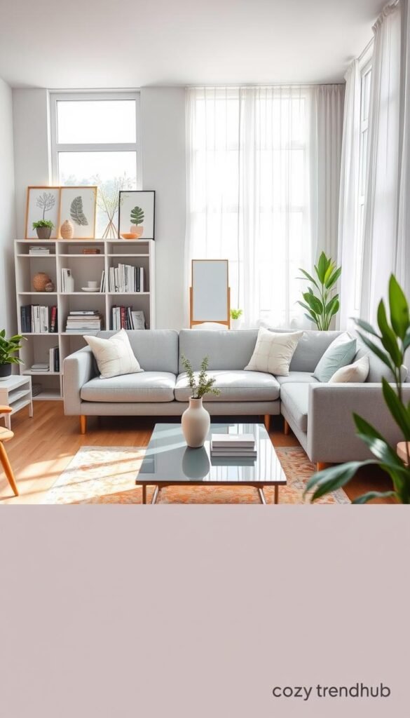 A beautifully designed small living space that exudes openness and comfort, featuring a cozy corner with a stylish light gray sofa adorned with pastel cushions. In the foreground, a sleek coffee table holds a decorative vase and some greenery. The middle ground showcases a well-organized bookshelf filled with curated decor items and books. In the background, large windows let in soft, natural light, illuminated by sheer white curtains. A small, vibrant rug anchors the area, adding warmth. The scene is framed with artistic wall decor and minimalist plants, creating an inviting atmosphere. Capture this scene in a bright, airy atmosphere with a wide-angle view to emphasize the spatial flow and balance. Styled in a Pinterest-worthy manner, branded with "CozyTrendHub." A beautifully designed small living space that exudes openness and comfort, featuring a cozy corner with a stylish light gray sofa adorned with pastel cushions. In the foreground, a sleek coffee table holds a decorative vase and some greenery. The middle ground showcases a well-organized bookshelf filled with curated decor items and books. In the background, large windows let in soft, natural light, illuminated by sheer white curtains. A small, vibrant rug anchors the area, adding warmth. The scene is framed with artistic wall decor and minimalist plants, creating an inviting atmosphere. Capture this scene in a bright, airy atmosphere with a wide-angle view to emphasize the spatial flow and balance. Styled in a Pinterest-worthy manner, branded with "CozyTrendHub."