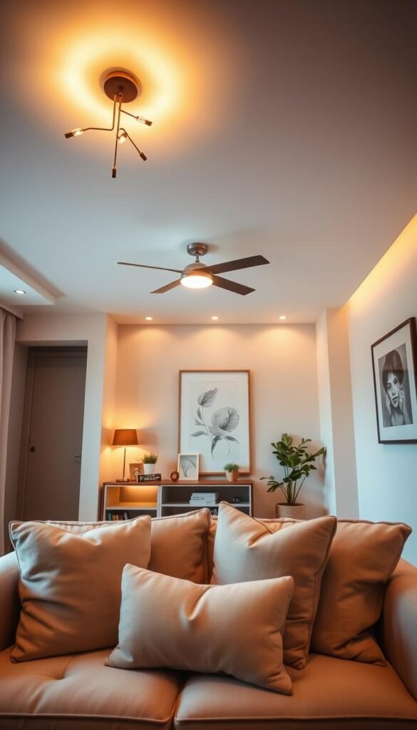 A beautifully designed small room showcasing modern ceiling lights that enhance comfort without overwhelming the space. In the foreground, a soft, inviting sofa adorned with plush pillows, setting a cozy atmosphere. The middle features stylish ceiling lights with warm, ambient glow, illuminating the room with gentle light, perfect for relaxation. The ceiling lights showcase a mix of minimalist and contemporary designs, strategically placed to create balance. In the background, soft-colored walls with tasteful artwork enhance the room's charm, while a small bookshelf and plants add a touch of life. The image is shot with a wide-angle lens, capturing the entire room while maintaining an intimate feel. The overall mood is warm and welcoming, evoking a sense of tranquility and comfort. This image is brought to you by CozyTrendHub.