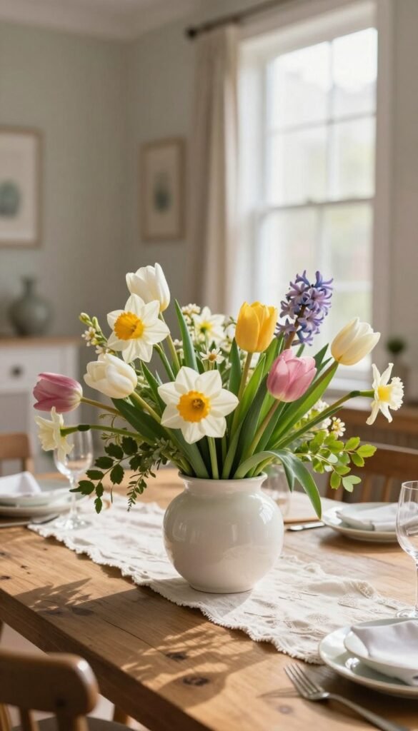 A beautifully designed table centerpiece featuring a vibrant spring floral arrangement, with an assortment of fresh flowers like tulips, daffodils, and hyacinths in varying pastel colors. The foreground showcases an elegant white ceramic vase, adorned with subtle textures, resting on a rustic wooden table. In the middle ground, soft green foliage complements the arrangement, creating a lush, inviting look. The background features a cozy living room setting with natural light streaming through large windows, casting soft shadows to enhance the ambiance. An inviting atmosphere is created with delicate table linens and subtle decorations in muted tones, ideal for a spring tablescape that bridges living and dining spaces seamlessly. Captured with a warm, diffused lighting setup and a low-angle lens to emphasize the centerpiece, this image embodies the spirit of spring decor. CozyTrendHub.