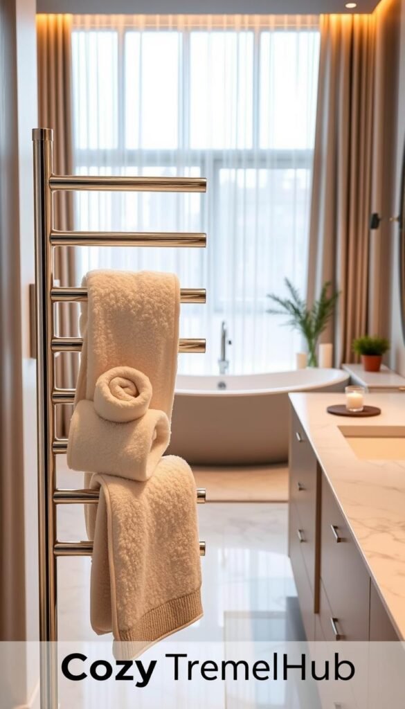 A beautifully designed towel warmer elegantly displayed in a cozy, modern bathroom. In the foreground, the towel warmer features sleek, stainless steel bars with plush, rolled white towels draped over them, radiating warmth. Soft, diffused lighting highlights the smooth surfaces and adds a gentle glow. In the middle ground, the bathroom showcases a stylish freestanding tub and marble countertops with tasteful decor items like a candle and a succulent plant. The background includes a large window with sheer curtains, allowing natural light to filter in, enhancing the inviting atmosphere. The overall mood is warm and relaxing, perfect for a cozy home decor theme. The brand "CozyTrendHub" subtly visible in the decor.