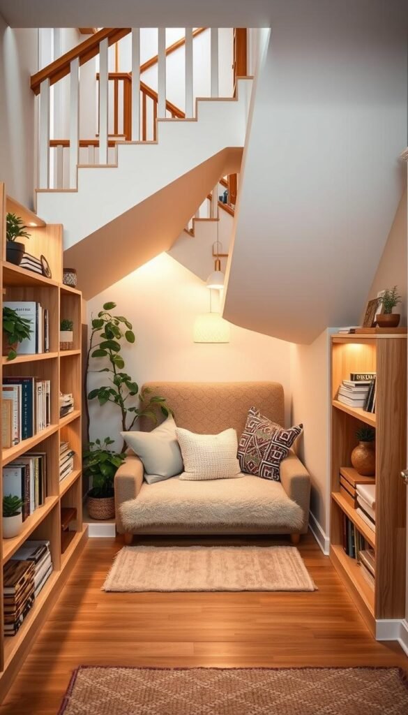 A beautifully designed under-stairs storage area in a cozy family home, showcasing clever decor that enhances storage without adding new furniture. In the foreground, soft wooden shelving wraps around the staircase, filled with neatly arranged books, plants, and decorative boxes. In the middle, a cushioned reading nook is created with a plush throw and pillows, inviting for relaxation. The background features the staircase, with warm ambient lighting illuminating the space, casting gentle shadows. The overall mood is welcoming and organized, embodying a Pinterest-style aesthetic. Capture this scene using a wide-angle lens to emphasize the cozy atmosphere and inviting decor elements. Brand it with "CozyTrendHub."
