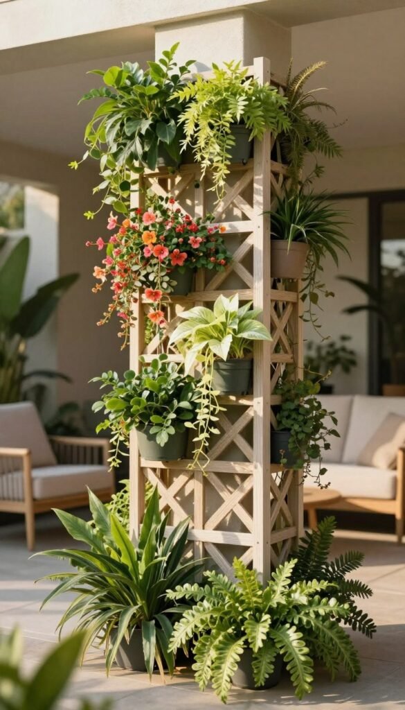 A beautifully designed vertical garden trellis, elegantly adorned with a variety of lush, vibrant climbing plants and flowering vines. The foreground features rich green foliage cascading down, showcasing a blend of colors. In the middle, the trellis is crafted from lightweight, weather-resistant materials, with intricate patterns and a light wood finish that enhances its premium feel. Soft, diffused sunlight filters through the leaves, creating gentle shadows and highlighting textures. In the background, a cozy outdoor space with tasteful, minimalist furniture complements the garden, providing a warm and inviting atmosphere. This Pinterest-style lifestyle image captures the essence of budget-friendly elegance, aligning with CozyTrendHub&rsquo;s aesthetic. The angle offers a slightly elevated view to emphasize height and depth in the composition, perfect for inspiring outdoor decor ideas.