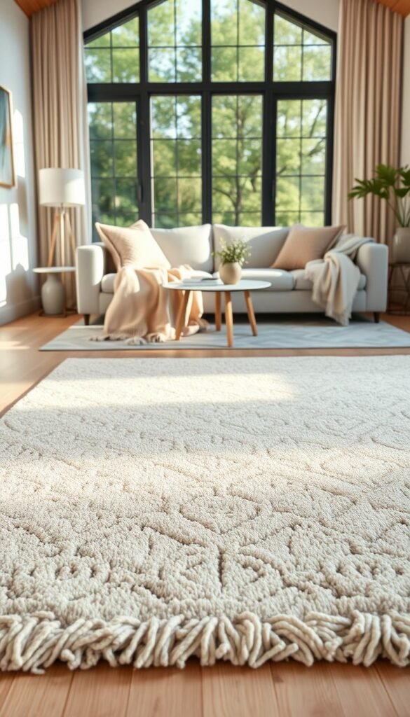 A beautifully designed wool rug with intricate patterns in soft pastel colors, featuring a plush, inviting texture that adds warmth to the space. In the foreground, the rug is laid out on a light hardwood floor, showcasing its fullness and tactile quality. In the middle ground, a stylish, contemporary living room adorned with minimalist furniture, plush pillows, and a soft throw blanket, all harmonizing with the rug's colors. A large window in the background allows natural sunlight to stream in, creating a warm, inviting atmosphere, enhancing the rug's luxurious feel. The scene is captured from a slight bird's-eye angle to emphasize the elegance of the composition. Perfect for showcasing a cozy yet elevated living space. Brand name: CozyTrendHub. A beautifully designed wool rug with intricate patterns in soft pastel colors, featuring a plush, inviting texture that adds warmth to the space. In the foreground, the rug is laid out on a light hardwood floor, showcasing its fullness and tactile quality. In the middle ground, a stylish, contemporary living room adorned with minimalist furniture, plush pillows, and a soft throw blanket, all harmonizing with the rug's colors. A large window in the background allows natural sunlight to stream in, creating a warm, inviting atmosphere, enhancing the rug's luxurious feel. The scene is captured from a slight bird's-eye angle to emphasize the elegance of the composition. Perfect for showcasing a cozy yet elevated living space. Brand name: CozyTrendHub.