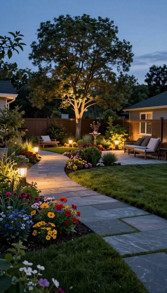 A beautifully illuminated backyard at dusk, showcasing a well-designed landscape with soft, warm path lights guiding guests along a stone walkway. In the foreground, lush green grass and a flower bed bloom with colorful summer flowers. The middle ground features strategically placed landscape lights highlighting decorative shrubs and seating areas, inviting relaxation. In the background, tall trees stand silhouetted against a darkening sky, their branches subtly lit from below. The ambiance is serene and welcoming, with gentle light creating a cozy atmosphere perfect for summer gatherings. Use a wide-angle lens to capture depth, and maintain a vibrant yet calming color palette. This scene embodies the essence of outdoor summer living, inspired by the cozy decor style of CozyTrendHub. A beautifully illuminated backyard at dusk, showcasing a well-designed landscape with soft, warm path lights guiding guests along a stone walkway. In the foreground, lush green grass and a flower bed bloom with colorful summer flowers. The middle ground features strategically placed landscape lights highlighting decorative shrubs and seating areas, inviting relaxation. In the background, tall trees stand silhouetted against a darkening sky, their branches subtly lit from below. The ambiance is serene and welcoming, with gentle light creating a cozy atmosphere perfect for summer gatherings. Use a wide-angle lens to capture depth, and maintain a vibrant yet calming color palette. This scene embodies the essence of outdoor summer living, inspired by the cozy decor style of CozyTrendHub.