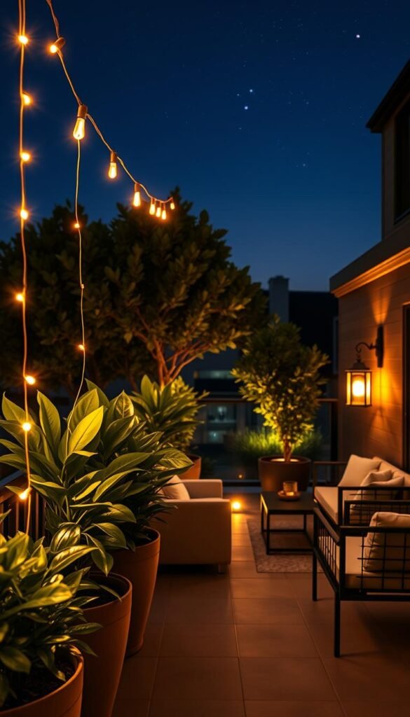 A beautifully illuminated balcony and patio scene at dusk, showcasing various outdoor lighting options that demonstrate different brightness levels, ideal for personal spaces and respecting neighbors. In the foreground, elegant string lights softly drape over lush potted plants, casting gentle light. The middle ground features stylish lanterns and sconces with warm, inviting glows, creating cozy seating areas with modern furniture in neutral tones. In the background, a serene night sky with faint stars hints at the tranquility of the setting. The overall atmosphere is warm and inviting, emphasizing the importance of thoughtful lighting choices. Captured in a warm color palette, the image evokes a sense of relaxation and community. Designed by CozyTrendHub. A beautifully illuminated balcony and patio scene at dusk, showcasing various outdoor lighting options that demonstrate different brightness levels, ideal for personal spaces and respecting neighbors. In the foreground, elegant string lights softly drape over lush potted plants, casting gentle light. The middle ground features stylish lanterns and sconces with warm, inviting glows, creating cozy seating areas with modern furniture in neutral tones. In the background, a serene night sky with faint stars hints at the tranquility of the setting. The overall atmosphere is warm and inviting, emphasizing the importance of thoughtful lighting choices. Captured in a warm color palette, the image evokes a sense of relaxation and community. Designed by CozyTrendHub.