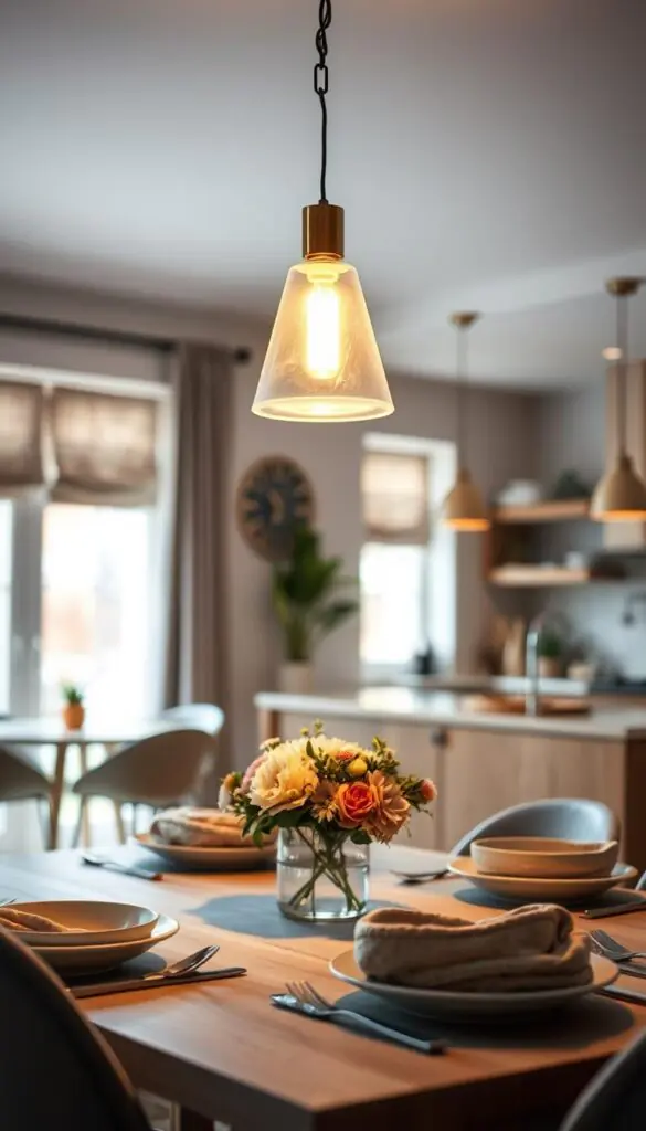 A beautifully illuminated pendant light hangs elegantly above a neatly set dining table, highlighting a cozy, inviting atmosphere. The pendant features a modern design with a warm brass finish and frosted glass shade, casting a soft, ambient glow. In the foreground, the table is adorned with a simple centerpiece of fresh flowers, and cozy, textured tableware. In the middle, the dining area is framed by soft, neutral walls, exuding a serene vibe. In the background, a stylish open-concept kitchen is softly blurred, hinting at homey touches like wooden cabinets and open shelves. The lighting is warm and inviting, creating a peaceful ambiance. This image represents modern pendant lighting in homes curated for CozyTrendHub.