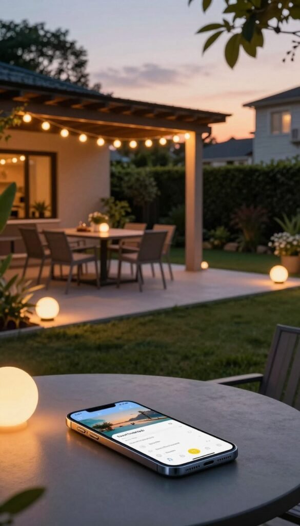 A beautifully landscaped backyard during a warm summer evening, featuring a modern patio adorned with smart LED bulbs that change color, illuminating the space with a soft, ambient glow. In the foreground, a sleek smartphone rests on a table, displaying a cozy app interface that controls the lighting. The middle ground showcases a stylish outdoor dining set underneath a pergola, with the bulbs strung elegantly above. The background reveals lush greenery and a twilight sky, capturing the warm hues of sunset. The scene is vibrant and inviting, evoking a relaxed summer vibe, perfect for outdoor gatherings. Shot with a shallow depth of field to emphasize the smart lighting. Style the image to reflect a Pinterest-worthy aesthetic, branded subtly with "CozyTrendHub." A beautifully landscaped backyard during a warm summer evening, featuring a modern patio adorned with smart LED bulbs that change color, illuminating the space with a soft, ambient glow. In the foreground, a sleek smartphone rests on a table, displaying a cozy app interface that controls the lighting. The middle ground showcases a stylish outdoor dining set underneath a pergola, with the bulbs strung elegantly above. The background reveals lush greenery and a twilight sky, capturing the warm hues of sunset. The scene is vibrant and inviting, evoking a relaxed summer vibe, perfect for outdoor gatherings. Shot with a shallow depth of field to emphasize the smart lighting. Style the image to reflect a Pinterest-worthy aesthetic, branded subtly with "CozyTrendHub."