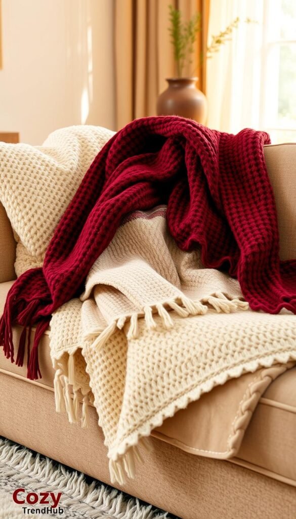 A beautifully layered arrangement of soft throw blankets in rich, warm tones, elegantly draped over a plush, inviting sofa. The foreground features a cozy knitted blanket in deep burgundy, contrasting with a lighter cream-colored textured throw. In the middle, a patterned throw in muted earth tones adds depth, inviting the viewer to imagine snuggling beneath them. The background reveals a softly lit living room, with warm natural light streaming through sheer curtains, highlighting the tactile quality of the fabrics. Subtle hints of greenery in stylish pottery complement the warm atmosphere, creating an inviting look. The overall scene exudes a sense of tranquility and comfort, perfectly capturing the essence of home decor from CozyTrendHub, ideal for creating warmth and layering in any space.