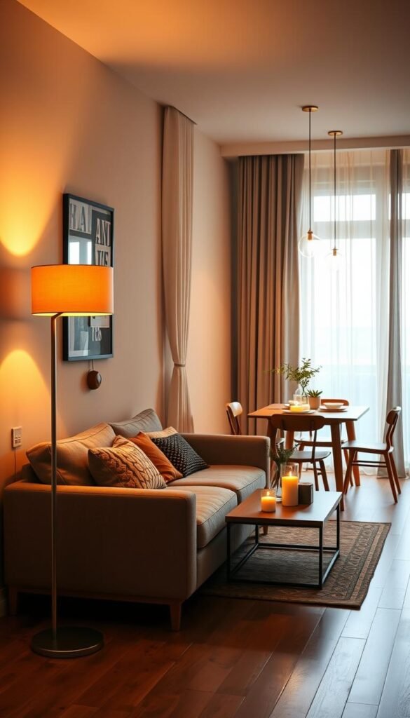 A beautifully lit apartment interior showcasing stylish lighting upgrades that reflect a cozy, customized feel. In the foreground, a chic floor lamp with a warm glow stands beside a comfortable, modern sofa adorned with colorful cushions. The middle features a coffee table with decorative candles and a small potted plant, enhancing the inviting ambiance. In the background, soft pendant lights hang gracefully over a dining table set for a small gathering, with warm wood tones and neutral colors creating a harmonious palette. Natural light streams through sheer curtains, casting gentle shadows that enhance the mood. The atmosphere is warm and welcoming, ideal for renters looking to elevate their space on a budget. This image embodies the aesthetic of CozyTrendHub, perfect for illustrating stylish home decor concepts. A beautifully lit apartment interior showcasing stylish lighting upgrades that reflect a cozy, customized feel. In the foreground, a chic floor lamp with a warm glow stands beside a comfortable, modern sofa adorned with colorful cushions. The middle features a coffee table with decorative candles and a small potted plant, enhancing the inviting ambiance. In the background, soft pendant lights hang gracefully over a dining table set for a small gathering, with warm wood tones and neutral colors creating a harmonious palette. Natural light streams through sheer curtains, casting gentle shadows that enhance the mood. The atmosphere is warm and welcoming, ideal for renters looking to elevate their space on a budget. This image embodies the aesthetic of CozyTrendHub, perfect for illustrating stylish home decor concepts.