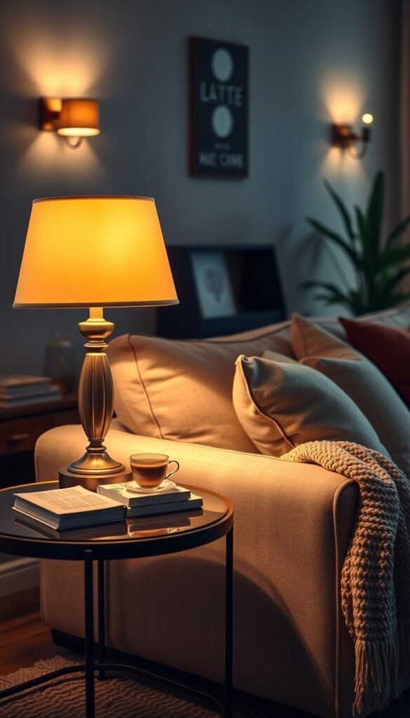 A beautifully lit living room scene showcasing cozy accent lighting. In the foreground, an elegantly designed side table adorned with a stylish lamp casting warm, soft light, illuminating a small stack of books and a cup of tea. The middle layer features a plush sofa arranged with inviting throw pillows in soft, muted colors, and a fluffy blanket draped casually over the armrest. The background is a softly lit room, with dim overhead lights and wall sconces enhancing the ambiance, while a glimpse of a potted plant adds a touch of nature. The atmosphere is warm and inviting, evoking a sense of relaxation. Capture this with a cozy, rustic style using natural light at a slight angle, emphasizing the textures and warmth. Style the image to reflect the brand "CozyTrendHub".