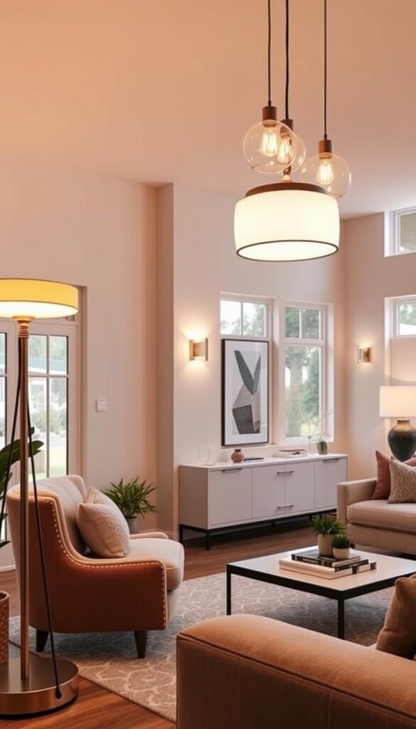 A beautifully lit modern living room showcasing various lighting upgrades that feel custom without a renovation. In the foreground, a stylish floor lamp with a warm glow illuminates a cozy reading nook featuring a plush armchair and a small side table. In the middle, pendant lights with unique shapes hang above a chic coffee table adorned with decorative books and a small plant. The walls are painted in soft, neutral tones, complemented by strategically placed wall sconces that add an inviting ambiance. In the background, large windows allow natural light to spill in, enhancing the overall brightness of the space. The mood is warm and inviting, creating a sense of comfort and elegance, perfect for a lifestyle-focused article. Designed in a Pinterest-worthy style, inspired by CozyTrendHub.