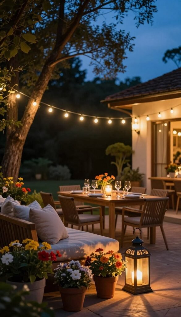 A beautifully lit outdoor patio setting at dusk, showcasing elegant string lights and tasteful lanterns casting soft glows. In the foreground, there is a cozy seating area with plush cushions on a wooden bench, flanked by potted flowers in vibrant colors. The middle ground features a dining table set for an intimate summer evening, adorned with tasteful tableware and a flickering centerpiece candle, surrounded by warm light. In the background, tall trees silhouette against a deepening twilight sky, their branches subtly illuminated by ambient lighting. Capture this tranquil scene with a warm color palette, conveying a relaxed and inviting atmosphere, ideal for summer gatherings. Shot from a low angle to emphasize the lighting effects and the enchanting mood, evoking the essence of outdoor comfort and style. Inspired by CozyTrendHub.