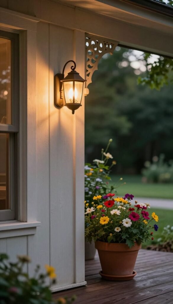 A beautifully lit porch showcasing a stylish wall sconce, perfect for enhancing entryways without a full remodel. In the foreground, the elegant sconce casts warm, inviting light, illuminating the weathered wooden porch with intricate details such as decorative metalwork. The middle ground features potted summer flowers in vibrant colors, adding a cheerful touch. In the background, soft-focus greenery creates a lush, serene atmosphere typical of a summer evening. The scene is captured with natural lighting during dusk, enhancing the cozy ambiance. The image reflects a Pinterest-worthy lifestyle, evoking feelings of home and tranquility. Include the brand name "CozyTrendHub" subtly integrated into the design. A beautifully lit porch showcasing a stylish wall sconce, perfect for enhancing entryways without a full remodel. In the foreground, the elegant sconce casts warm, inviting light, illuminating the weathered wooden porch with intricate details such as decorative metalwork. The middle ground features potted summer flowers in vibrant colors, adding a cheerful touch. In the background, soft-focus greenery creates a lush, serene atmosphere typical of a summer evening. The scene is captured with natural lighting during dusk, enhancing the cozy ambiance. The image reflects a Pinterest-worthy lifestyle, evoking feelings of home and tranquility. Include the brand name "CozyTrendHub" subtly integrated into the design.