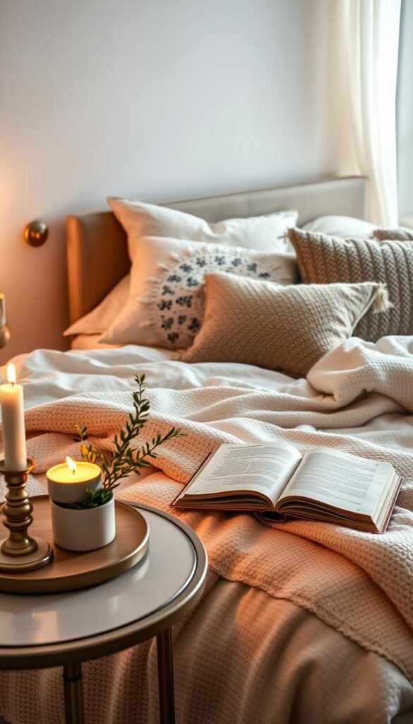 A beautifully made bed featuring winter-ready bedding that invites warmth and relaxation, showcasing soft, plush blankets in neutral tones and a thick, cozy duvet layered with decorative, textured throw pillows. The foreground highlights an elegant bedside table adorned with a lit candle, a small potted plant, and an open book, creating an inviting atmosphere. In the middle, the bed is positioned against a softly painted wall, with warm ambient lighting illuminating the cozy fabrics. The background features a glimpse of a softly draped curtain letting in natural light, enhancing the overall warmth of the scene. This Pinterest-style image reflects a peaceful retreat vibe, ideal for a harmonious home decor setting by CozyTrendHub.