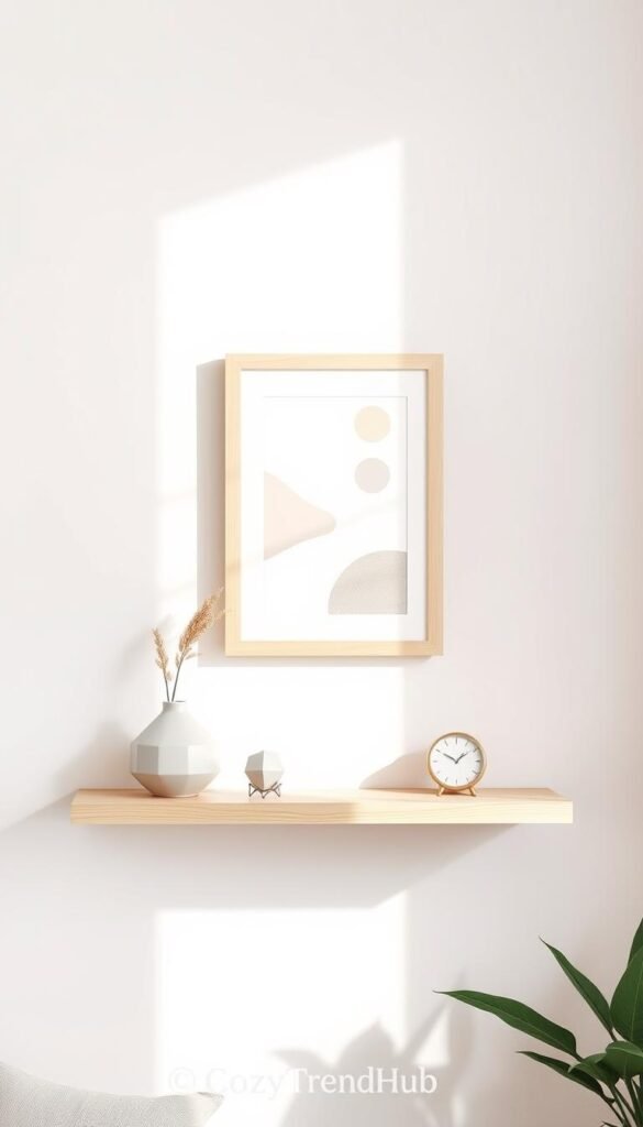 A beautifully minimalist wall decor scene showcasing a clean, modern wall. In the foreground, feature a sleek, light wood shelf holding a few carefully selected decor items in neutral tones, such as a small geometric vase with a dried flower and a minimalist clock. The middle layer includes a simple art piece framed in light wood, hung at eye level, featuring soft abstract shapes in muted colors. The background showcases a soft, natural light streaming in from a nearby window, casting gentle shadows and enhancing the calm, serene atmosphere. The overall mood is clean and inviting, ideal for a cozy home refresh. The scene reflects the aesthetic of a Pinterest-style home decor image, branded with "CozyTrendHub".