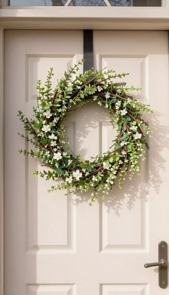 A beautifully modern minimalist wreath adorns a stylish front door, exuding a fresh and clean spring aesthetic. The wreath features delicate, intertwined branches with soft greenery and subtle white flowers, emphasizing simplicity and elegance. The door, painted in a soft pastel shade, serves as a warm backdrop, enhancing the wreath's natural tones. Sunlight filters through the scene, casting gentle shadows and creating a serene ambiance. The angle captures the wreath head-on, highlighting its intricate details against the textured door surface. This Pinterest-style lifestyle photo perfectly encapsulates a tranquil spring atmosphere suitable for home decor enthusiasts. By CozyTrendHub.