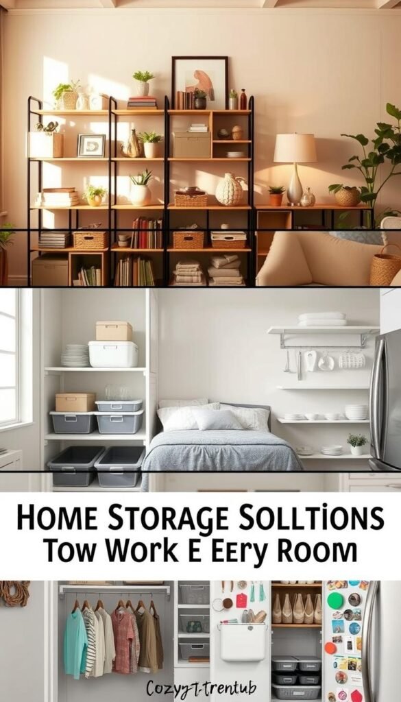 A beautifully organized, Pinterest-style image showcasing various home storage solutions that work in every room. In the foreground, a stylish living room featuring a chic shelving unit filled with decorative boxes, plants, and books. The middle layer includes a cozy bedroom with under-bed storage containers and a functional closet with labeled bins. In the background, a clean kitchen with hanging shelves and magnets on the fridge highlighting practical storage ideas. Use warm, natural lighting to create an inviting atmosphere, with a slight vignette effect. Capture the scene from a slightly elevated angle, emphasizing a harmonious blend of functionality and aesthetic appeal. The overall mood reflects a sense of organization and comfort, perfect for renters. Include the brand name "CozyTrendHub" subtly in the scene.