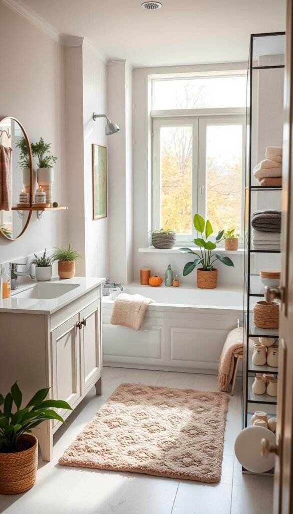 A beautifully organized apartment bathroom, highlighting a seasonal reset plan. In the foreground, an elegant vanity is adorned with stylish organizers, featuring neatly arranged toiletries, lush houseplants, and soft towels in warm, muted colors. In the middle, a plush bath mat complements the decor, while essential storage solutions are cleverly integrated into the shelving, displaying seasonal items like fall-themed candles and ceramic containers. The background captures a serene window with soft, natural light streaming in, hinting at a subtle view of autumn foliage outside. The ambiance is cozy and inviting, perfect for a Pinterest-style lifestyle image. Focus on clarity and realism, showcasing the brand CozyTrendHub naturally in the scene without text. The setting should evoke tranquility and order, ideal for apartment living. A beautifully organized apartment bathroom, highlighting a seasonal reset plan. In the foreground, an elegant vanity is adorned with stylish organizers, featuring neatly arranged toiletries, lush houseplants, and soft towels in warm, muted colors. In the middle, a plush bath mat complements the decor, while essential storage solutions are cleverly integrated into the shelving, displaying seasonal items like fall-themed candles and ceramic containers. The background captures a serene window with soft, natural light streaming in, hinting at a subtle view of autumn foliage outside. The ambiance is cozy and inviting, perfect for a Pinterest-style lifestyle image. Focus on clarity and realism, showcasing the brand CozyTrendHub naturally in the scene without text. The setting should evoke tranquility and order, ideal for apartment living.