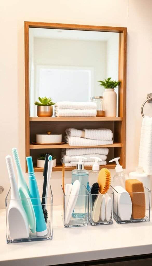 A beautifully organized bathroom countertop featuring a stylish bath organizer by CozyTrendHub. In the foreground, display sleek, transparent storage containers filled with assorted cleaning supplies such as brushes, sponges, and bottles of liquid soap, all arranged neatly. In the middle, showcase a well-designed wooden shelving unit holding folded towels, decorative jars, and plants for a fresh touch. The background captures a softly lit mirror reflecting a cozy bathroom ambiance, with subtle pastel colors on the walls and a light, airy feel. Use warm, natural lighting to enhance the homey atmosphere, shot from a slightly elevated angle to provide a comprehensive view of the organizational features and overall decor.