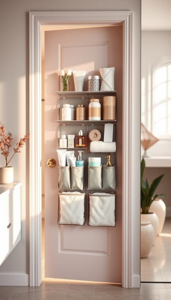 A beautifully organized bathroom door featuring a stylish, compact door organizer filled with neatly arranged toiletries, bath accessories, and towels. In the foreground, showcase the door with the organizer prominently displayed, where items are color-coordinated and easily accessible. In the middle ground, there should be a glimpse of a serene bathroom setting with soft, neutral tones, enhancing the feeling of calmness. The background includes subtle hints of decorative elements like potted plants and soft lighting reflecting off a mirror, creating a cozy atmosphere. Use natural daylight streaming in, ideal for a Pinterest-style aesthetic. This image encapsulates modern apartment living, embodying the brand CozyTrendHub's focus on practical and stylish storage solutions.