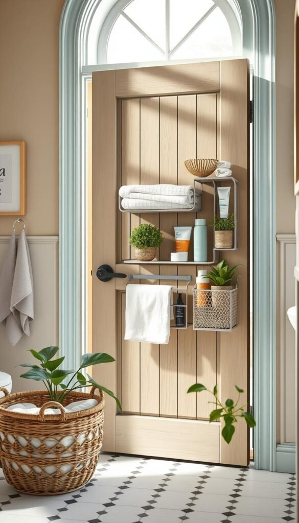 A beautifully organized bathroom door featuring a stylish over-the-door organizer with various storage solutions. In the foreground, showcase elegant baskets filled with bathroom essentials like towels, toiletries, and plants for a touch of greenery. The middle ground should focus on the wooden door itself, painted in a soothing color like soft blue or mint green, with the organizer securely attached. In the background, a warm, inviting bathroom ambiance with gentle natural light filtering through a window, casting soft shadows. Use a slightly elevated angle to emphasize organization and accessibility. The scene should evoke a sense of calm and functionality while reflecting a modern, Instagram-worthy decor style by CozyTrendHub. A beautifully organized bathroom door featuring a stylish over-the-door organizer with various storage solutions. In the foreground, showcase elegant baskets filled with bathroom essentials like towels, toiletries, and plants for a touch of greenery. The middle ground should focus on the wooden door itself, painted in a soothing color like soft blue or mint green, with the organizer securely attached. In the background, a warm, inviting bathroom ambiance with gentle natural light filtering through a window, casting soft shadows. Use a slightly elevated angle to emphasize organization and accessibility. The scene should evoke a sense of calm and functionality while reflecting a modern, Instagram-worthy decor style by CozyTrendHub.