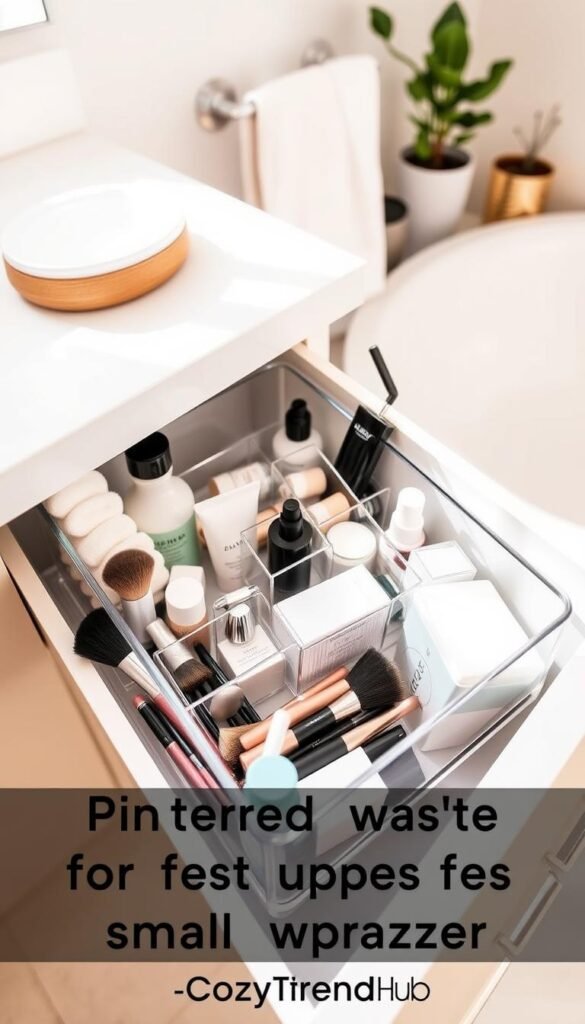 A beautifully organized bathroom drawer featuring a sleek acrylic drawer organizer filled with various small items such as makeup brushes, skincare products, cotton pads, and toiletries. The drawer is part of a modern bathroom cabinet with a soft, neutral color palette, evoking a calming atmosphere. In the foreground, the clear contours of the organizer highlight the tidy arrangement of the items, while the middle layer showcases the drawer in context, revealing smooth cabinet lines. The background should be soft-focused, hinting at elegant bathroom decor elements like a towel rack or potted plants, with natural light streaming in for a warm, inviting feel. The scene embodies a Pinterest-worthy lifestyle, styled by CozyTrendHub, emphasizing practical and aesthetic upgrades for small spaces.