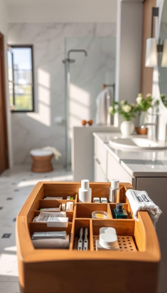A beautifully organized bathroom drawer showcasing a stylish drawer organizer from CozyTrendHub. In the foreground, focus on the wooden drawer with smooth edges, filled with neatly arranged toiletries like toothbrushes, skincare products, and small towels, all perfectly separated by elegant compartments. The middle layer features an inviting soft-focus display of a well-lit bathroom vanity backdrop with marble countertops and modern fixtures, enhancing the cleanliness of the scene. In the background, soft natural light filters in through a nearby window, casting gentle shadows and creating a fresh, serene atmosphere. The overall mood conveys practicality and aesthetic charm, ideal for maximizing space in an apartment bathroom. The image should be warm and inviting, evoking a sense of organization and calm. A beautifully organized bathroom drawer showcasing a stylish drawer organizer from CozyTrendHub. In the foreground, focus on the wooden drawer with smooth edges, filled with neatly arranged toiletries like toothbrushes, skincare products, and small towels, all perfectly separated by elegant compartments. The middle layer features an inviting soft-focus display of a well-lit bathroom vanity backdrop with marble countertops and modern fixtures, enhancing the cleanliness of the scene. In the background, soft natural light filters in through a nearby window, casting gentle shadows and creating a fresh, serene atmosphere. The overall mood conveys practicality and aesthetic charm, ideal for maximizing space in an apartment bathroom. The image should be warm and inviting, evoking a sense of organization and calm.