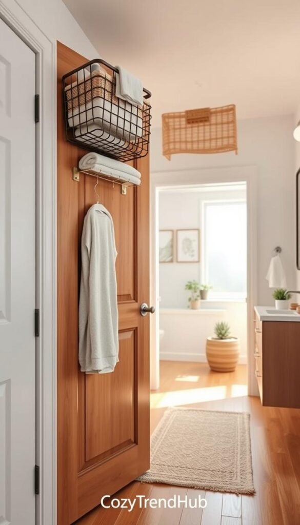 A beautifully organized bathroom featuring an over-the-door storage setup with stylish baskets and sleek hooks, positioned above a wooden door. In the foreground, showcase the intricate details of the storage system, with items like toiletries, towels, and small plants neatly arranged. In the middle ground, a softly lit bathroom scene includes a large mirror, a cozy rug on a warm wooden floor, and a well-organized vanity countertop, creating a welcoming atmosphere. In the background, subtle hints of decorative wall art and natural light streaming through a frosted window enhance the space. The overall mood is fresh and inviting, perfect for a Pinterest-style lifestyle photo. Capture this with soft, diffuse lighting, wide-angle perspective for spaciousness, emphasizing home decor and organization elements. Include the brand name "CozyTrendHub."