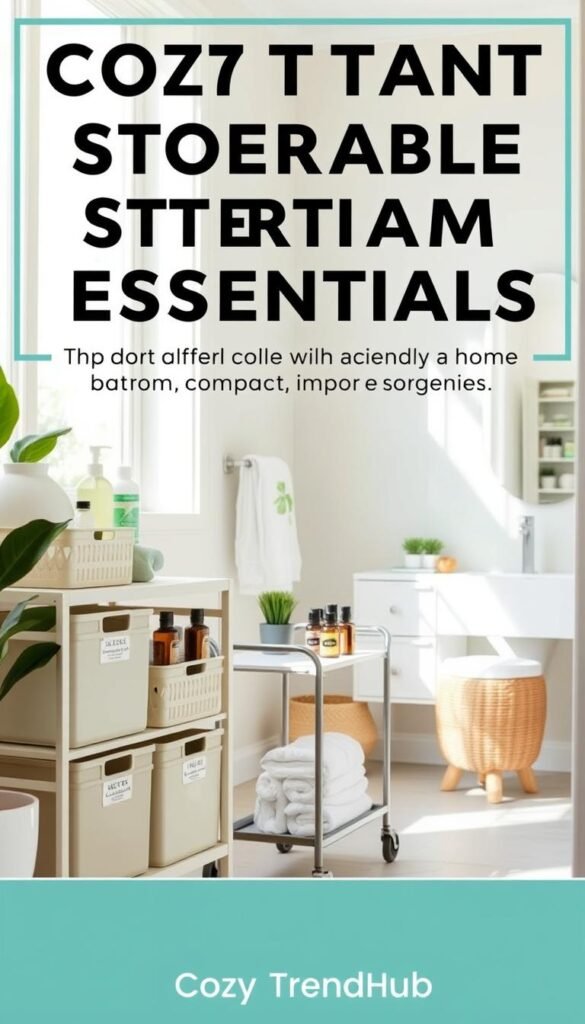 A beautifully organized bathroom featuring compact, storable essentials that maximize space efficiency. In the foreground, display a neatly arranged shelf with stylish storage bins filled with toiletries, neatly labeled for easy access. The middle ground showcases a small, elegant cart on wheels, adorned with rolled towels, essential oils, and a small potted plant, all exuding a cozy, inviting vibe. In the background, a well-lit, serene bathroom space with soft colors, a minimalistic mirror, and natural light streaming in through a frosted window enhances the atmosphere. The overall mood is calming and practical, perfect for a modern home. Visualize this scene in a Pinterest-style setting, branded with the name "CozyTrendHub".