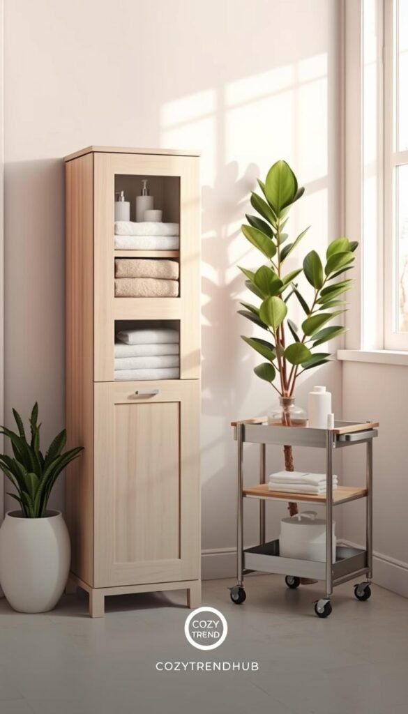 A beautifully organized bathroom floor space showcasing a freestanding storage solution, featuring a slim cabinet and a stylish rolling cart. The cabinet, made of light wood with clean lines, is placed against a soft pastel wall, filled with neatly arranged towels and toiletries. The rolling cart, with a sleek metallic finish and wooden accents, is positioned beside a potted plant, emphasizing a touch of greenery. Soft natural light streams in from a nearby window, casting gentle shadows and creating a warm, inviting atmosphere. The angle captures both pieces in a harmonious layout, evoking a Pinterest-inspired lifestyle aesthetic. Include the CozyTrendHub brand subtly in the scene for a professional touch.