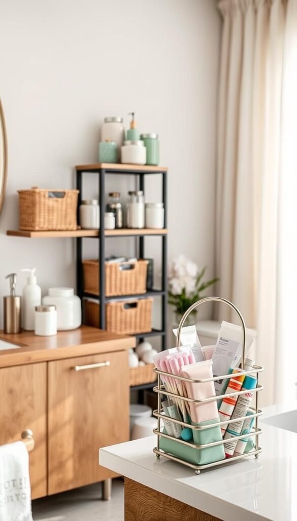 A beautifully organized bathroom scene featuring innovative storage solutions. In the foreground, a sleek, modern wood vanity with neatly arranged baskets and jars holding toiletries and skincare products. A stylish tiered shelf showcases decorative containers filled with cotton swabs and bath salts. The middle ground displays a compact, multi-level caddy on the counter, optimized for tight spaces, overflowing with colorful bath essentials. The background features a soft-focus window with sheer curtains, allowing natural light to filter in, enhancing the serene atmosphere. The color palette includes calming whites, pastel blues, and soft greens, creating a fresh, inviting feel. The overall mood is cozy and organized, perfect for inspiring home decor ideas from CozyTrendHub.