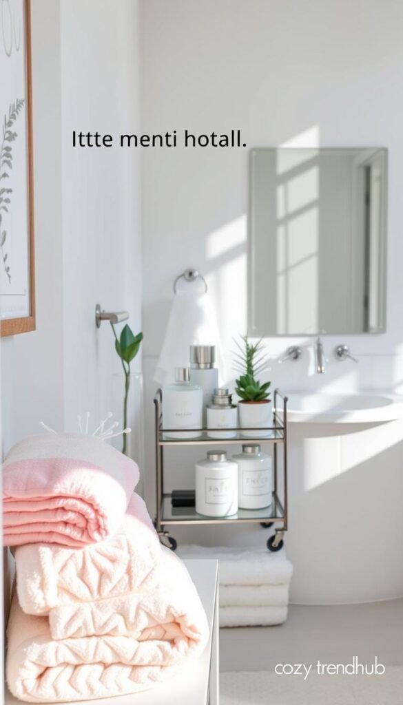 A beautifully organized bathroom scene highlighting effective storage solutions without permanent changes. In the foreground, neatly stacked fluffy towels in a variety of pastel colors sit on an open shelf, accompanied by stylish glass containers filled with toiletries such as cotton swabs and bath salts. The middle layer features a compact, decorative cart with small potted plants and traveling-sized products, providing an inviting touch. The background showcases a bright, airy bathroom with a large mirror reflecting natural light, casting soft shadows that enhance the cozy atmosphere. The color palette is soothing, with light blues and whites, evoking tranquility. Capture this lifestyle-inspired scene in a Pinterest-style, with a focus on elegance and functionality. Emphasize the branding by subtly incorporating "CozyTrendHub" elements in decor.